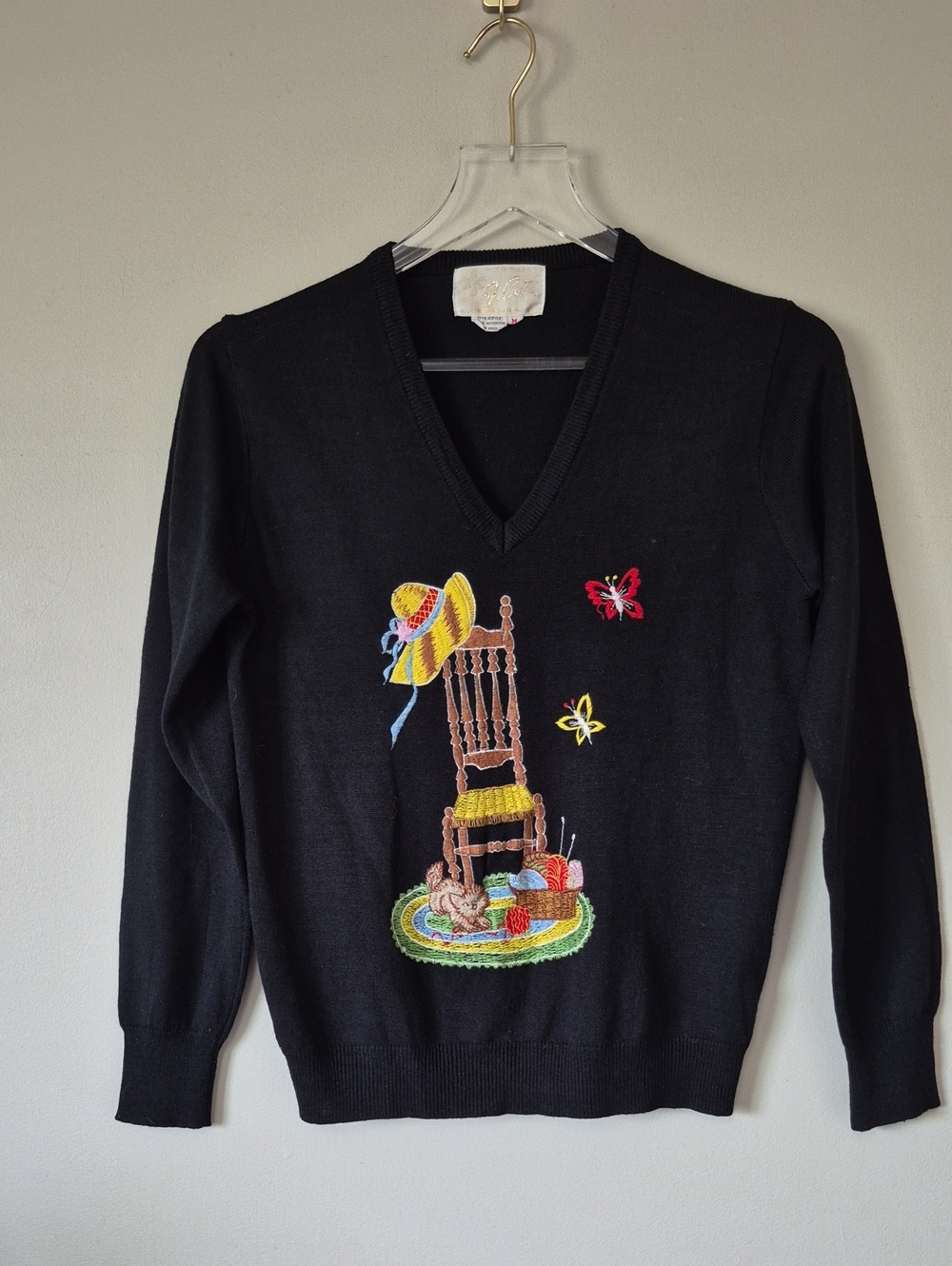 Vintage Di Costa Black V-Neck Sweater Embroidered Cat Butterflies, Size S / M